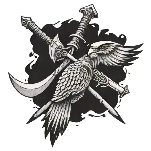 2 cross axe , one falcon bird , one sword piercing  tattoo design idea