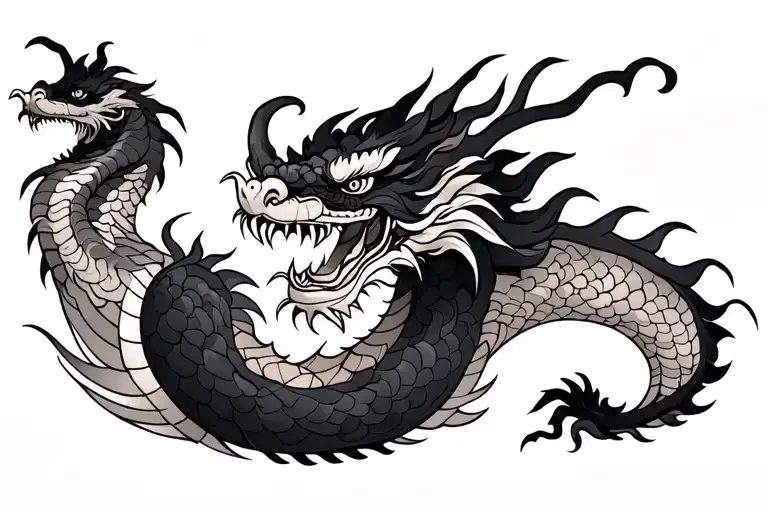 single head traditional Japanese dragon without wings black and grey full length design tattoo design idea