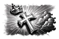 1 cross with crown surrounded by clouds and rays of light tattoo design idea