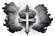 1 cross with crown surrounded by clouds and rays of light tattoo design idea