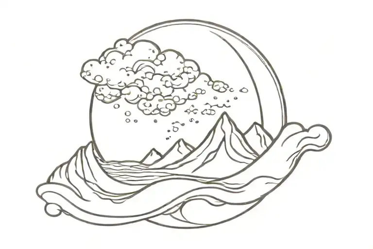 ocean wave merging into a mountain range merging into a fire merging into a cloud tattoo design idea