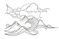 ocean wave merging into a mountain range merging into a fire merging into a cloud tattoo design idea