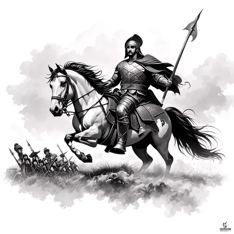 a spartan warrior which you can't see the face of, riding a horse across a battle field with a smoky background tattoo design idea