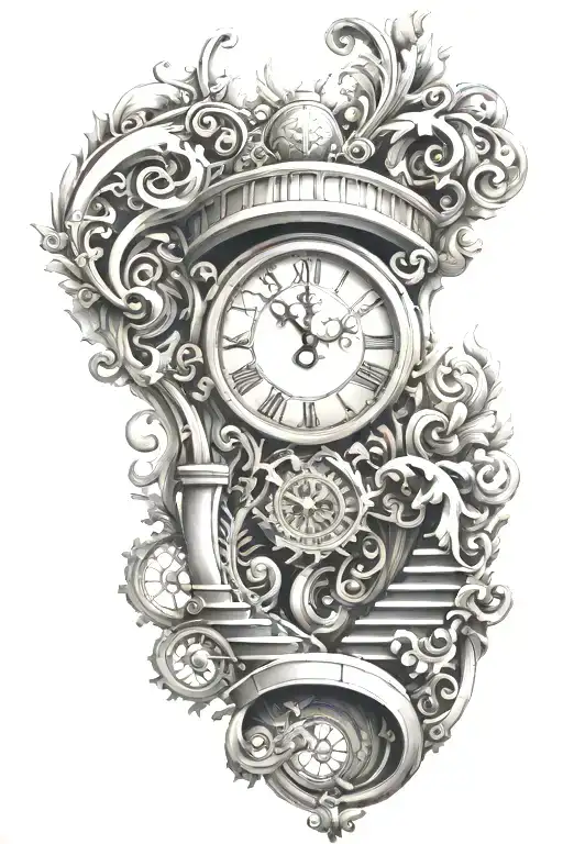 clock and stairs made of scrolls tattoo design idea