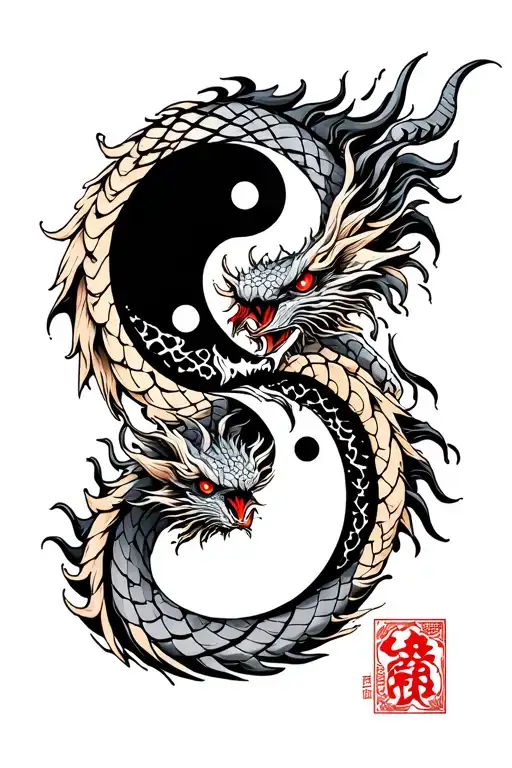 A bold Yin and Yang symbol where the dividing line is replaced by a coiling dragon, its head fierce and eyes piercing tattoo design idea
