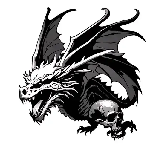 a dragon flying with a skull as a tip of his tongue in a medieval world  tattoo design idea