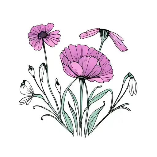 poppy, snowdrop, daisy, violet, marigolds tattoo design idea