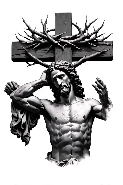 Jesus on cross thorn crown looking down from afar tattoo design idea