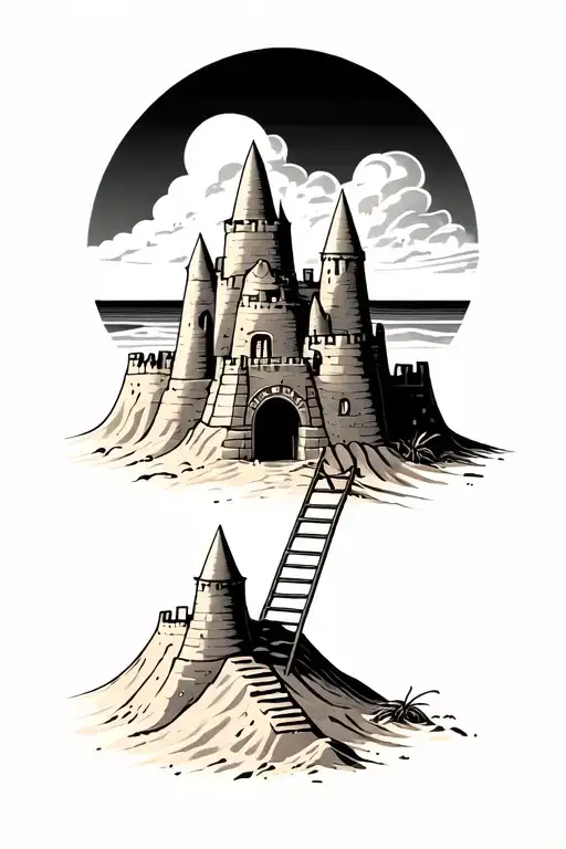 art deco style sand castle with ladder leaning against it  tattoo design idea