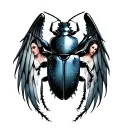 beetle with open wings spread wide with woman faces on the base of its wings  tattoo design idea
