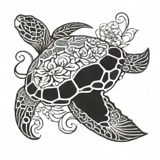 tribal sea turtle with flowers and maui hook intertwined tattoo design idea