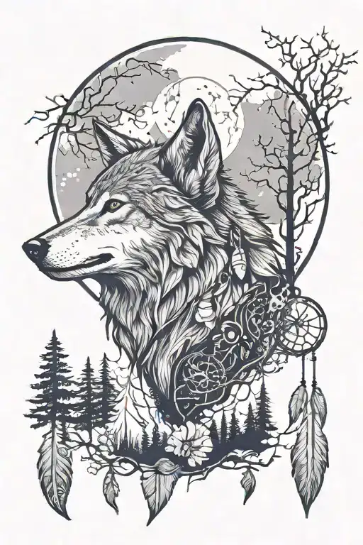 wolf howling at the moon silohouette, forest, cresent moon, arrowhead, dream catcher,forest tattoo design idea