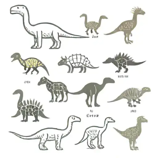 A dinosaur silhouette suggested by these images: a lightning bolt, a black sheep, a knife, a turtle, musical notation. tattoo design idea