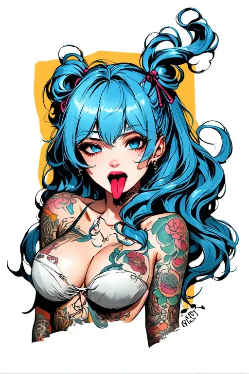 Hentail, nude, bdsm, stick out tongue, nymphomaniac face, young, sexy position, small boobs, blue hair tattoo design idea