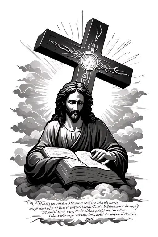 religious with cross and jesus praying and a quote under from bible with clouds in the back as filler and sun  tattoo design idea