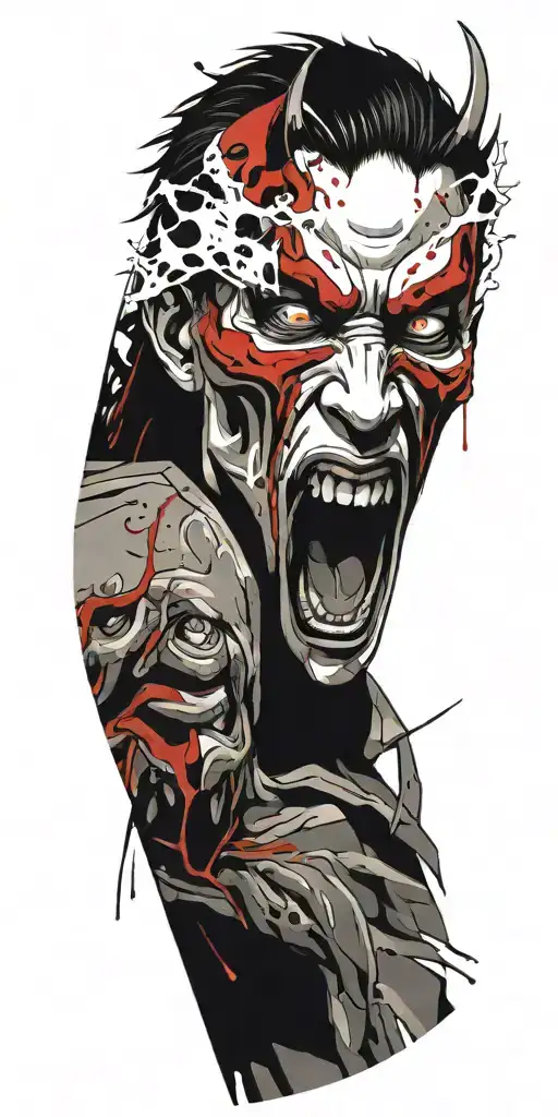 Anime character standing screaming wearing oni mask fighting off inner demons in hell tattoo design idea