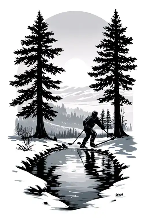 pond hockey with landscape scene tattoo design idea