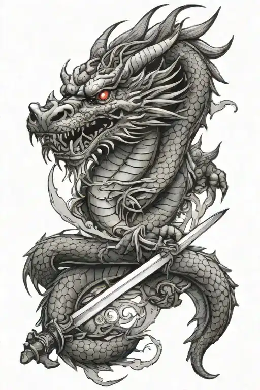 asian dragon surrounded katana sword tattoo design idea