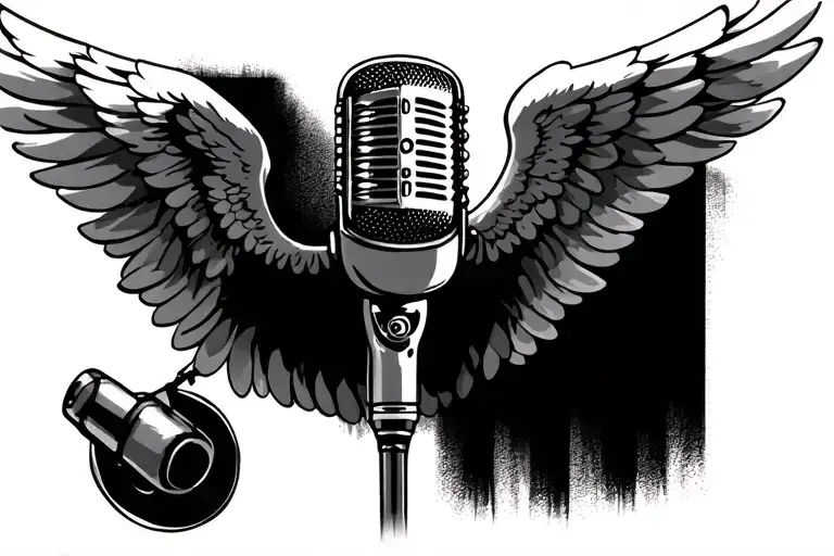 retro microphone with angel wings tattoo on the throat  tattoo design idea