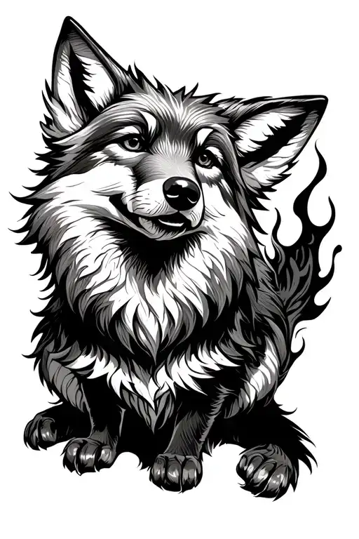 A fox-wolf hybrid sitting sideways and looking up. It must have flaming tail. tattoo design idea
