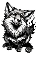 A fox-wolf hybrid sitting sideways and looking up. It must have flaming tail. tattoo design idea