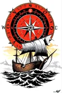 Nordic Compass in the background with a Viking ship sailing towards tattoo design idea