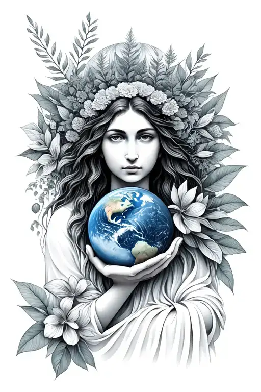 mother gaia holding Earth with nature tattoo design idea