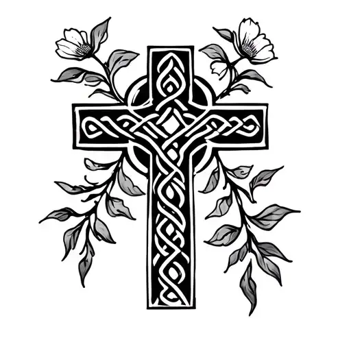 Celtic cross with flower vines coming out of it tattoo design idea