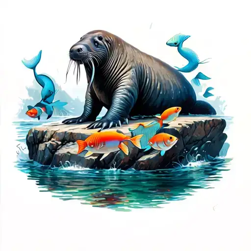 walrus spirit animal surounded by sea food colorful fish from the ocean and on a large rock with murmaids in the water,  tattoo design idea