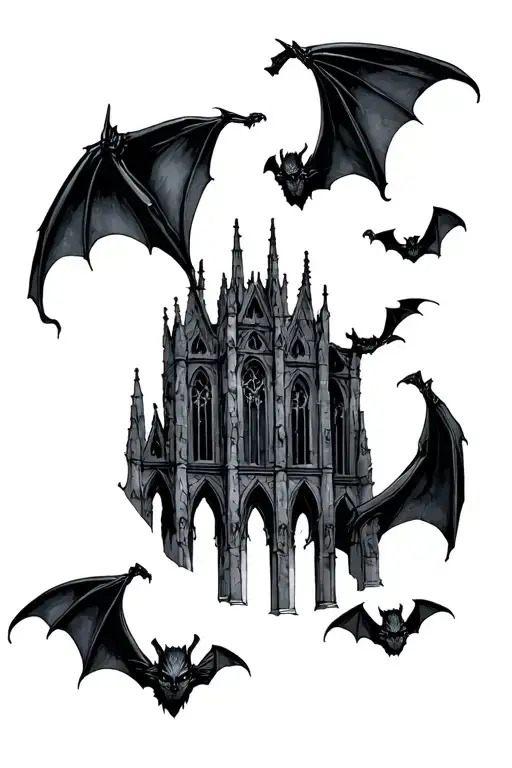 vampire bats gothic cathedral tattoo design idea