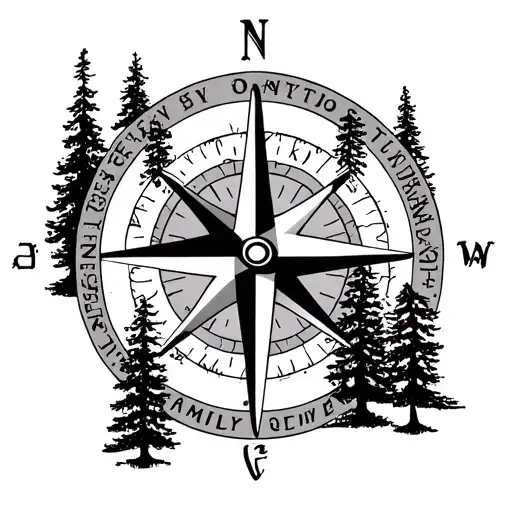Compass White pine trees with the word Family tattoo design idea