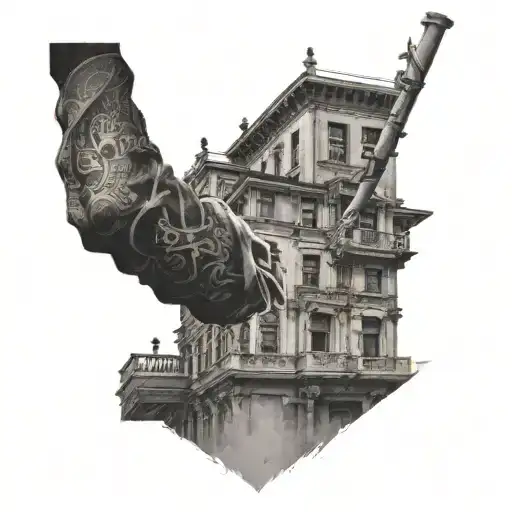 A large building with intricate details, with a silhouette of a gangster aiming a gun on the rooftop tattoo design idea