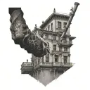 A large building with intricate details, with a silhouette of a gangster aiming a gun on the rooftop tattoo design idea
