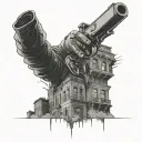 A large building with intricate details, with a silhouette of a gangster aiming a gun on the rooftop tattoo design idea