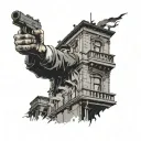 A large building with intricate details, with a silhouette of a gangster aiming a gun on the rooftop tattoo design idea