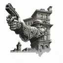 A large building with intricate details, with a silhouette of a gangster aiming a gun on the rooftop tattoo design idea