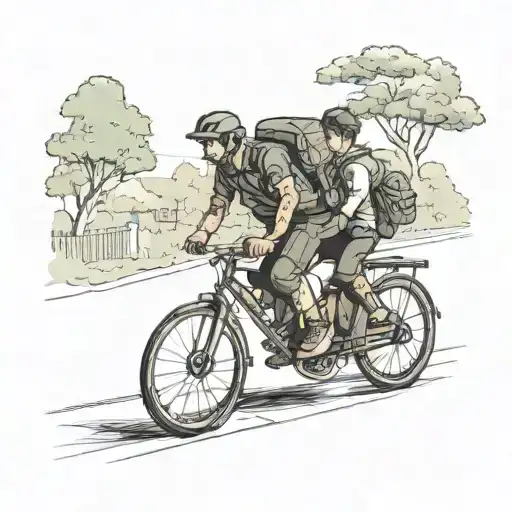 a man riding a bicycle on a road with trees on the sides carrying his son with a backpack on the back. tattoo design idea