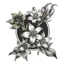 One snowdrop, one daffodil, two Lily Valley and one chrysanthemum tattoo design idea