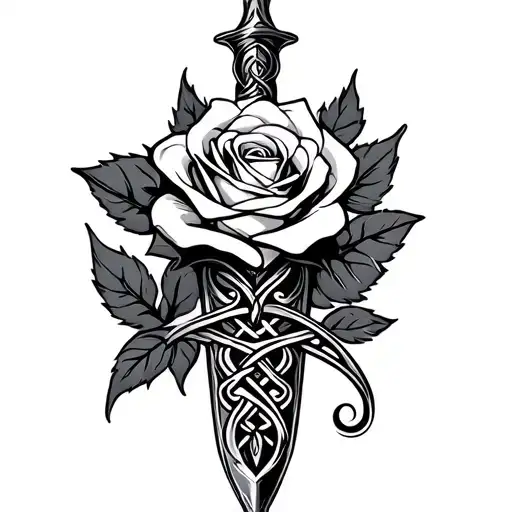 celtic love knot dagger with one rose intertwined tattoo design idea