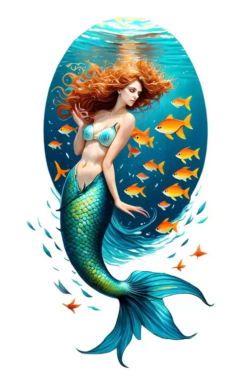 A mermaid gracefully swimming among a school of colorful fish tattoo design idea