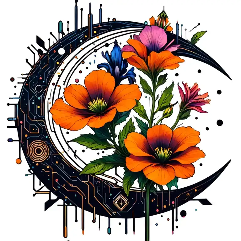 evening primrose, campanula, and balsam in the shape of a crescent moon tattoo design idea