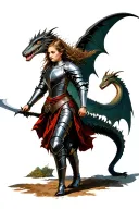 A picture in the style of the Middle Ages, the theme of knightly time in the Gothic style. Girl in armor struggle with a basilisk tattoo design idea