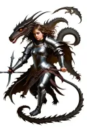 A picture in the style of the Middle Ages, the theme of knightly time in the Gothic style. Girl in armor struggle with a basilisk tattoo design idea