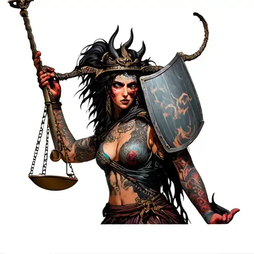 lady justice with full body is wearing Demon Oni Samurai Half Face Shield. Only one hand holding up a scale tattoo design idea