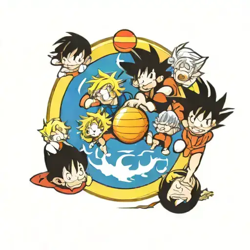 7 dragon balls in a circle around Sheron with kid goku  tattoo design idea