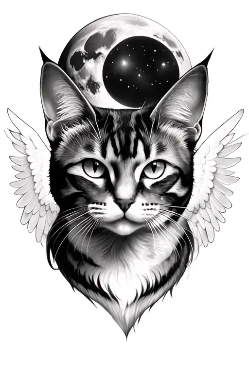 majestic cat face only. capture the piercing gaze of the cat's eyes. angel wings on the cat. full moon in the back tattoo design idea