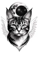 majestic cat face only. capture the piercing gaze of the cat's eyes. angel wings on the cat. full moon in the back tattoo design idea