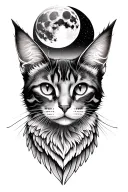 majestic cat face only. capture the piercing gaze of the cat's eyes. angel wings on the cat. full moon in the back tattoo design idea