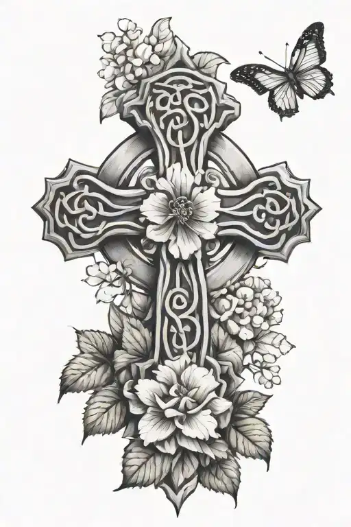 Celtic cross and hydrangeas around  and butterfly's  tattoo design idea