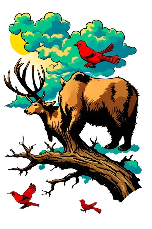 texas murelle tree,buck,bear,3 red birds in tree branch.2 red birds flying to sky cloudy background with sun shining  tattoo design idea